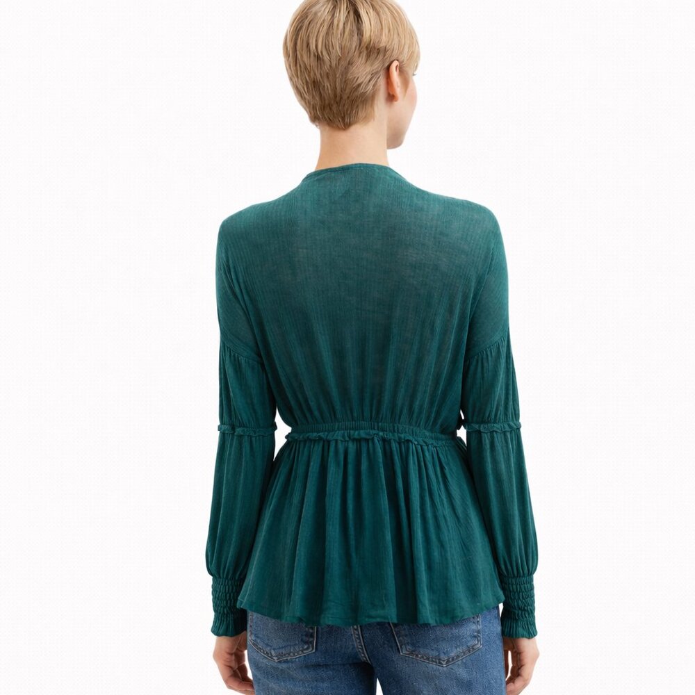 Free People Teal Peplum Blouse Size M Flowy Long Sleeve BOHO - Picture 4 of 10